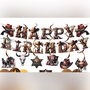 Western Happy Birthday Cowboy Party- Include ,2 Banners 6 Hanging Swirls,